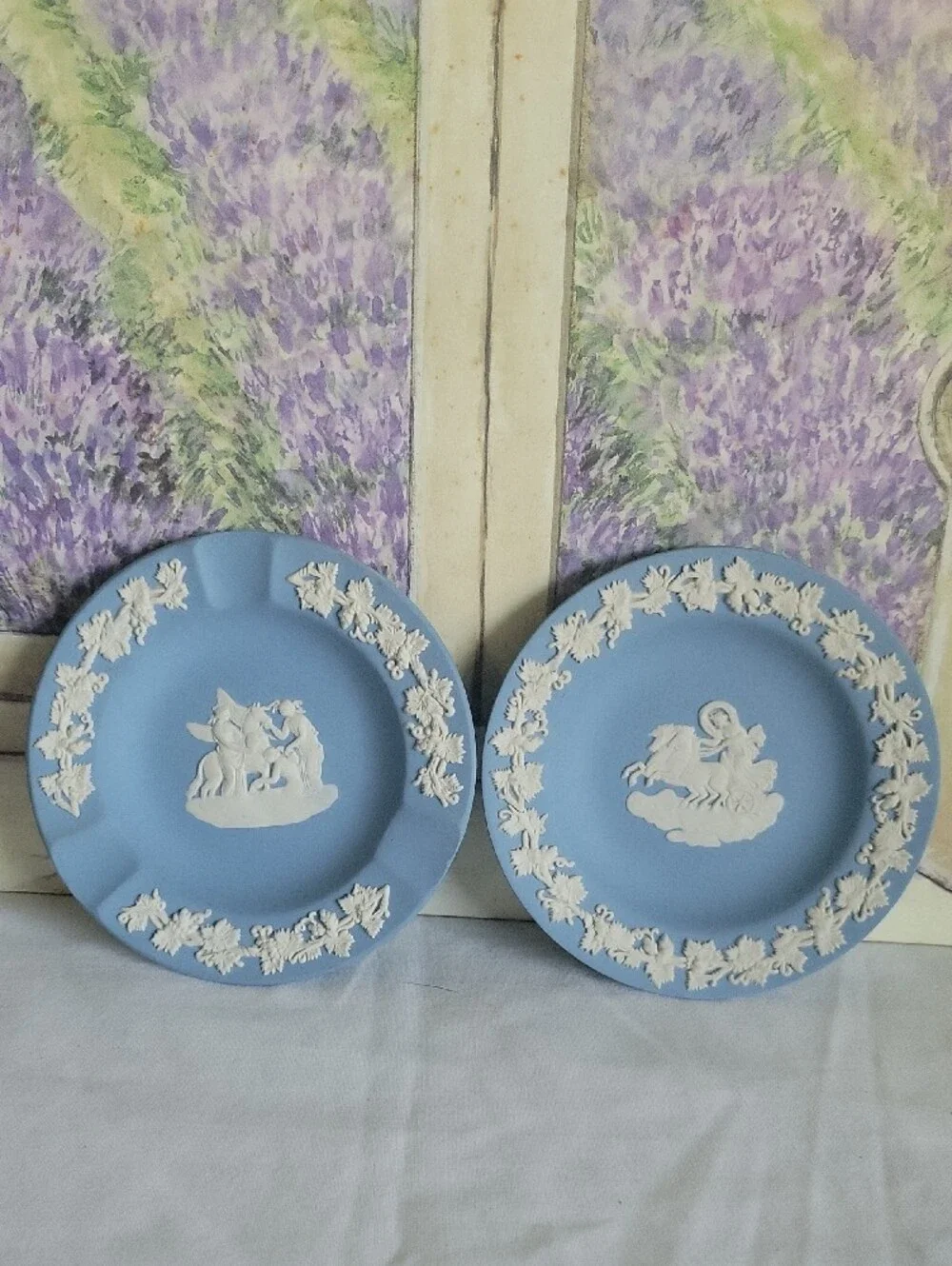 Vintage Wedgwood Pale Blue Jasperware Ashtray & Trinket Dish Set of 2 Neoclassic